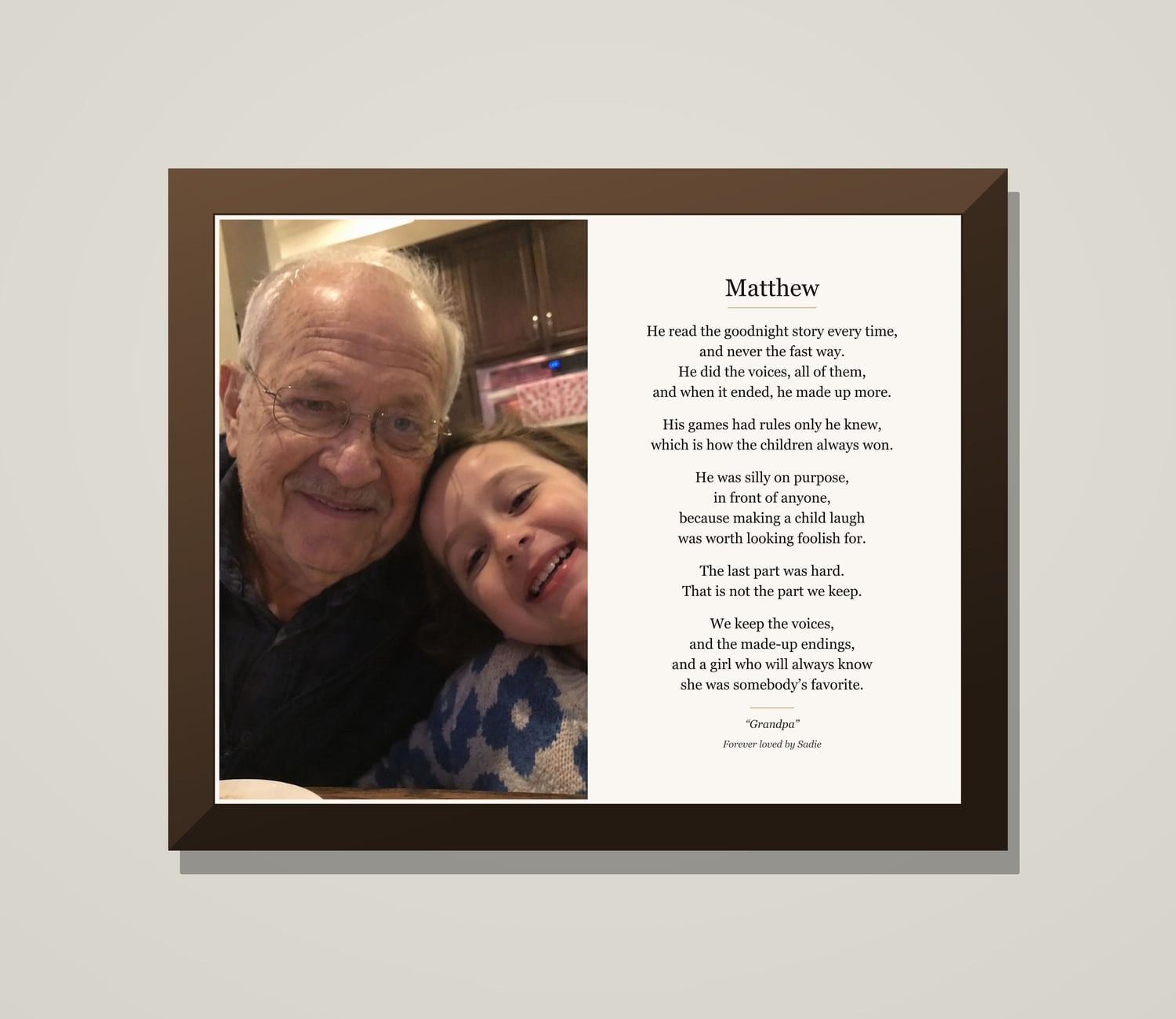 A framed tribute to Matthew, a grandfather, beside a photograph of him with his granddaughter